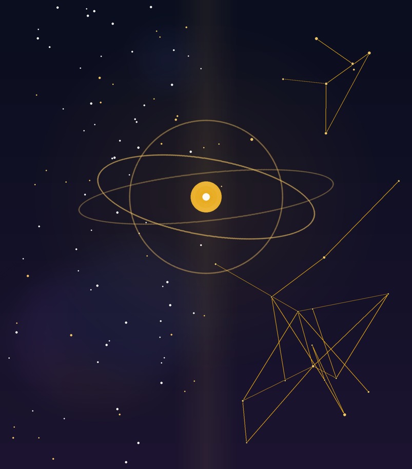 Ilustração de um sistema orbital dourado ao centro, com um campo de estrelas à esquerda e uma rede neural dourada à direita, simbolizando a jornada pelo cosmos e pela mente